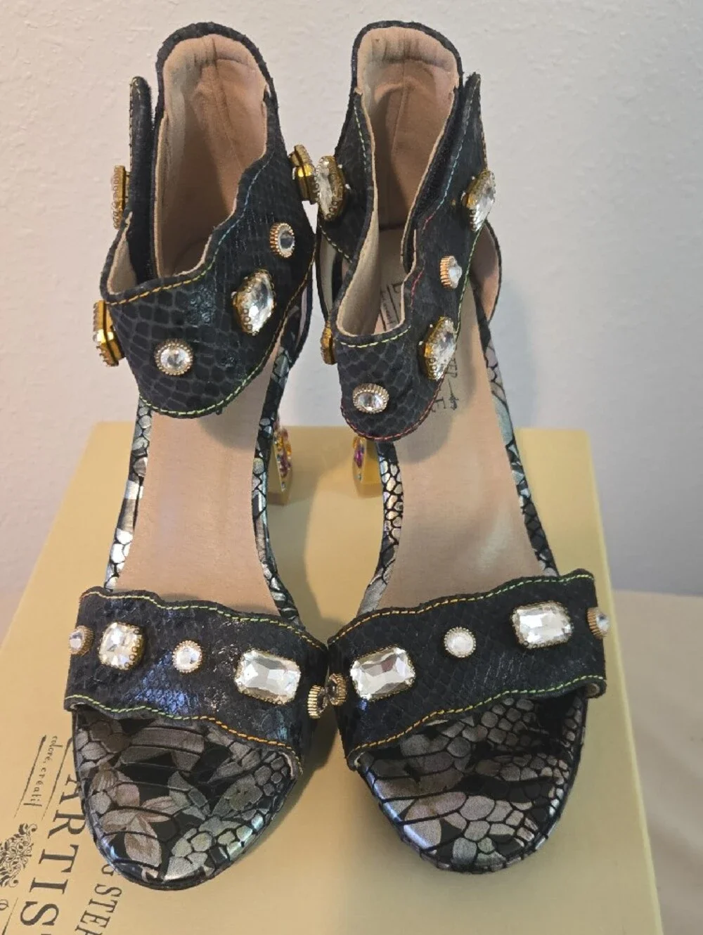 L'Artiste Black Jeweled Block Heel Sandals - Picture 2 of 7